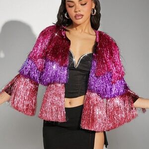 Colorblock Metallic Fringe Open Coat